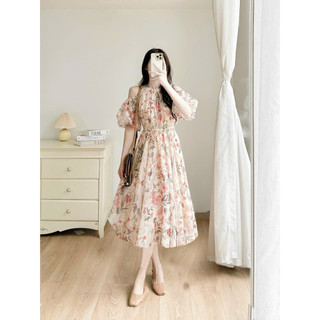 Đầm thời trang nữ mặc đi chơi chất voan hoa chifon hai lớp cổ yếm hở vai tay búp chiết eo váy maix xoè phong cách