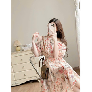 Đầm thời trang nữ mặc đi chơi chất voan hoa chifon hai lớp cổ yếm hở vai tay búp chiết eo váy maix xoè phong cách