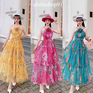 Đầm đi biển voan hoa chifon hai lớp cao cấp cổ yếm đính hoa ngực hở vai hở lưng ôm eo váy maxi xoè phối tầng xinh xắn
