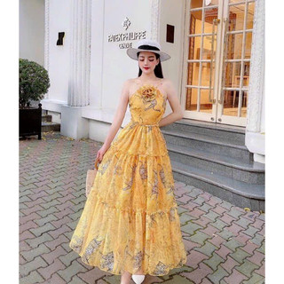 Đầm đi biển voan hoa chifon hai lớp cao cấp cổ yếm đính hoa ngực hở vai hở lưng ôm eo váy maxi xoè phối tầng xinh xắn