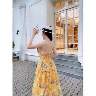 Đầm đi biển voan hoa chifon hai lớp cao cấp cổ yếm đính hoa ngực hở vai hở lưng ôm eo váy maxi xoè phối tầng xinh xắn