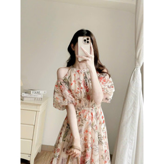 Đầm thời trang nữ mặc đi chơi chất voan hoa chifon hai lớp cổ yếm hở vai tay búp chiết eo váy maix xoè phong cách