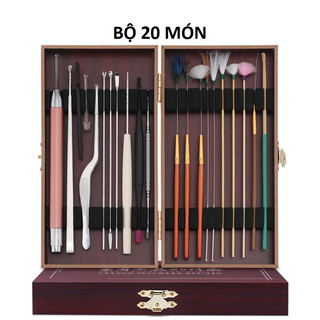 Bộ dụng cụ lấy ráy tai xài pin có đèn led phát sáng loại 12 món và 20 món (Có hộp gỗ thơm cao cấp)