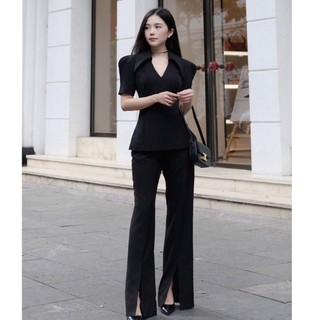 Set vest áo cổ V cách điệu, quần dài xẻ chân-PT TẶNG KÈM HOA TAI THỜI TRANG