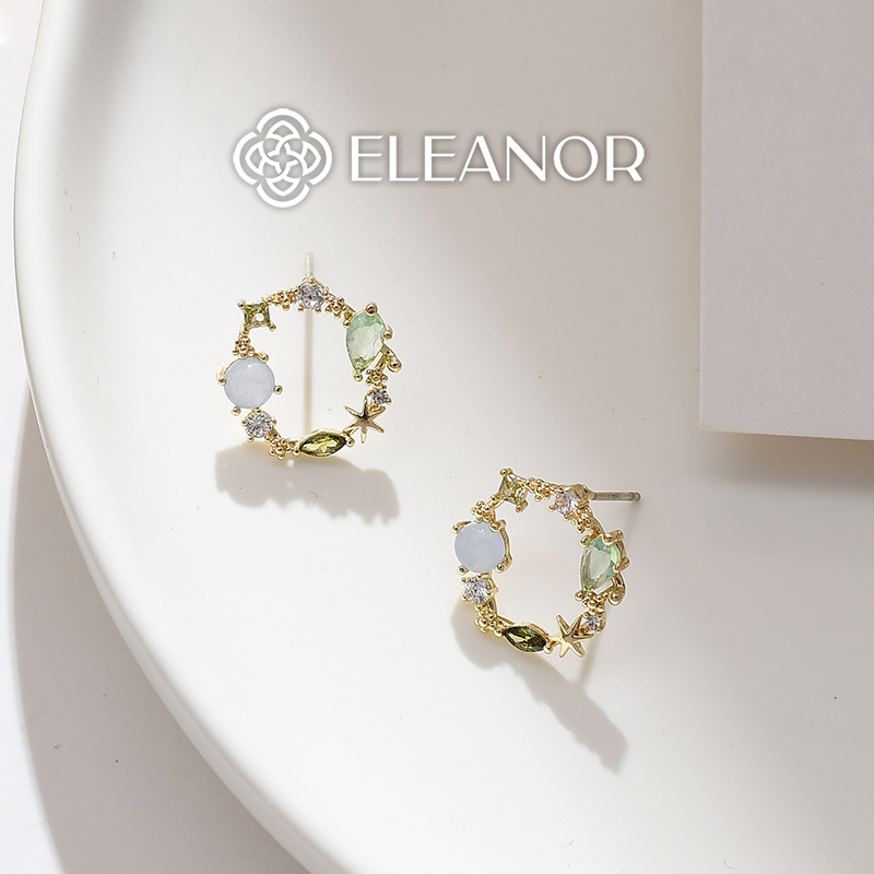Bông tai nữ chuôi bạc 925 Eleanor Accessories hình tròn đính đá nhiều màu phụ kiện trang sức 2223