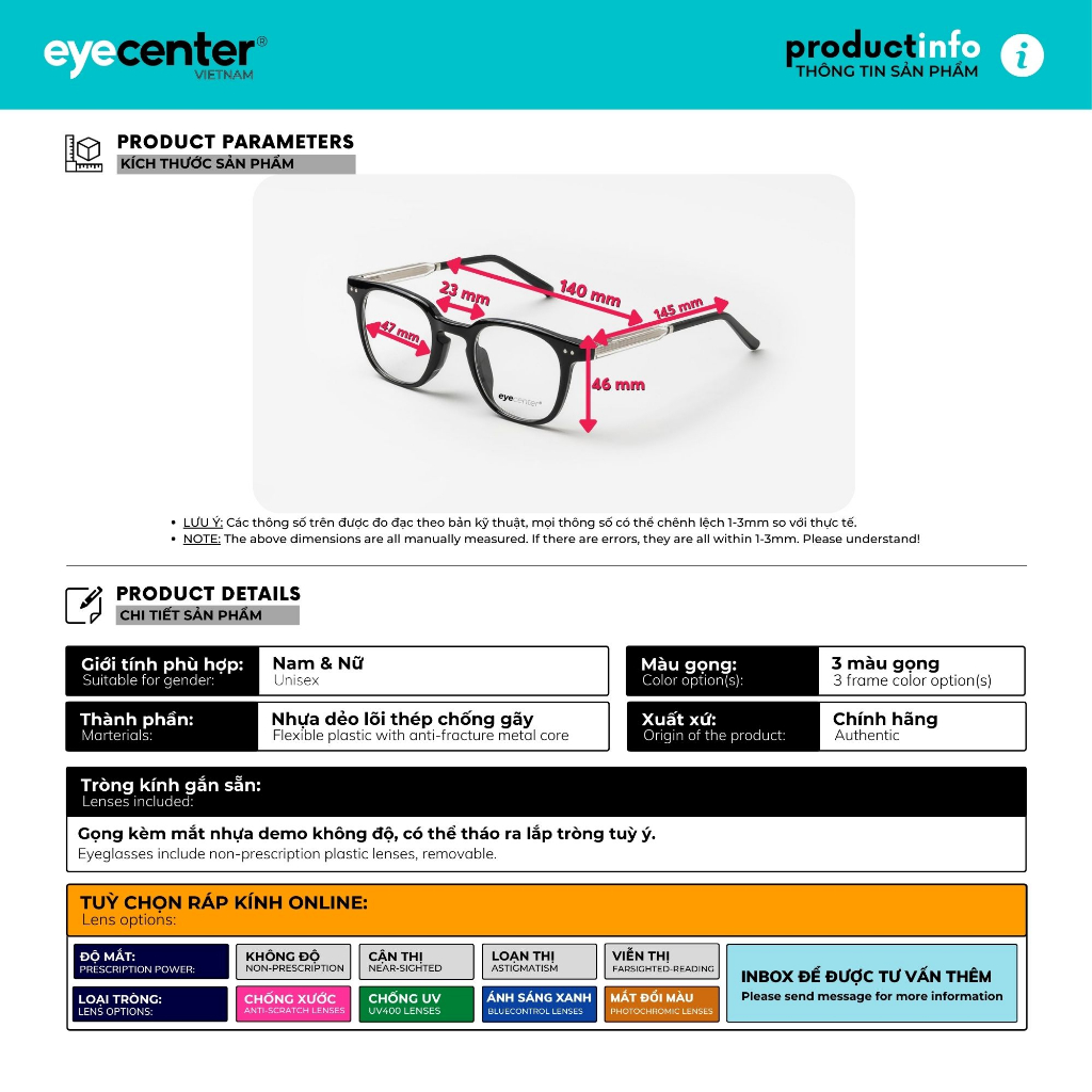Ảnh Gọng kính cận nam nữ chính hãng EYECENTER C40S lõi thép chống gãy nhập khẩu by Eye Center Vietnam 2
