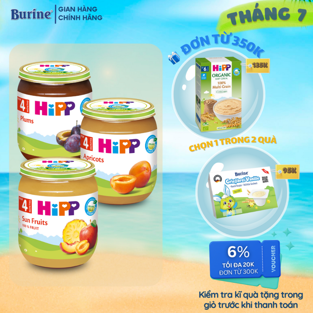 Dinh dưỡng đóng lọ trái cây ăn dặm Organic HiPP (Burine) hỗ trợ tiêu hoá cho bé - Nhập khẩu châu Âu