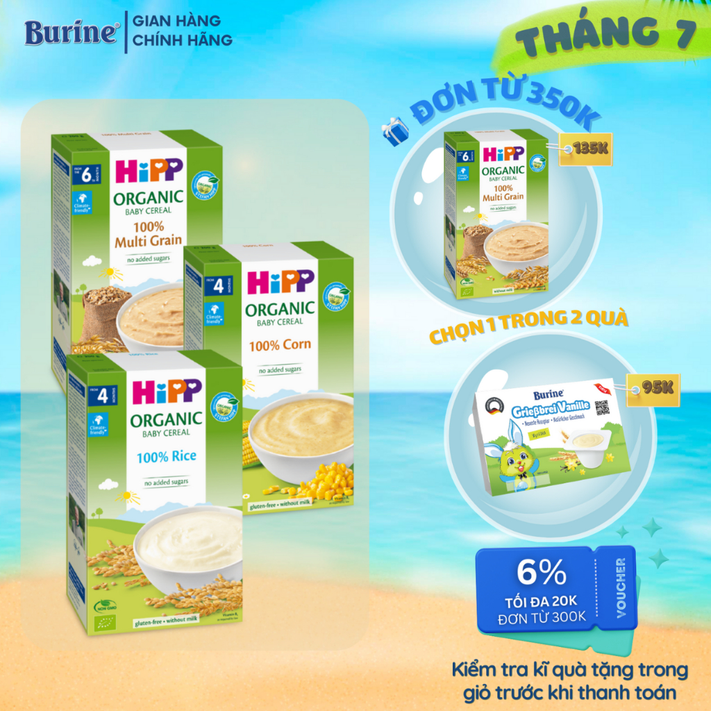 Bột ăn dặm HiPP (Burine) 100% ngũ cốc Organic, không chứa sữa 200g (Tối ưu cho trẻ dị ứng đạm sữa)