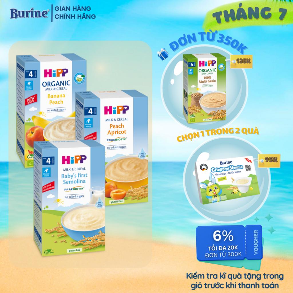 Bột ăn dặm dinh dưỡng Sữa, Hoa Quả HiPP (Burine) Organic 250g dành cho bé từ 4-6 tháng tuổi.