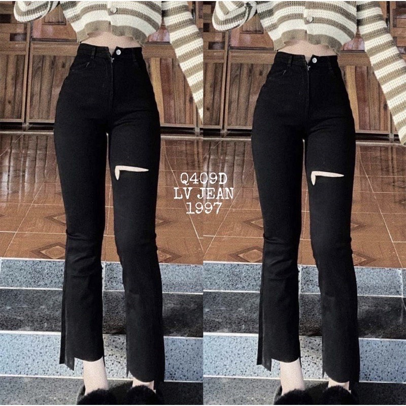 Quần jeans loe co giãn 2 chiều thiết kế rách đùi cắt gấu thời trang