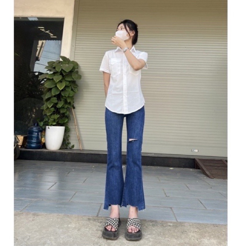 Quần jeans loe co giãn 2 chiều thiết kế rách đùi cắt gấu thời trang