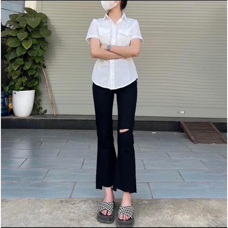 Quần jeans loe co giãn 2 chiều thiết kế rách đùi cắt gấu thời trang
