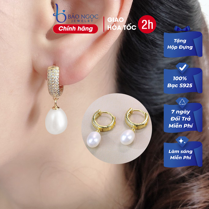 Bông tai bạc nữ 925 xi vàng khoen tròn gắn hạt ngọc trai nuôi 8-9mm Sang Trọng B2540 - Bảo Ngọc Jewelry