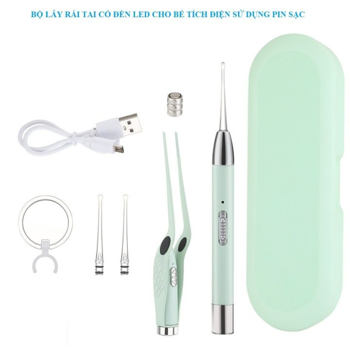 Bộ ráy tai có đèn led cho bé 3in1 siêu sáng tích điện pin sạc, đầu ngoái tai silicon mềm không đau rát, vệ sinh dể dàng