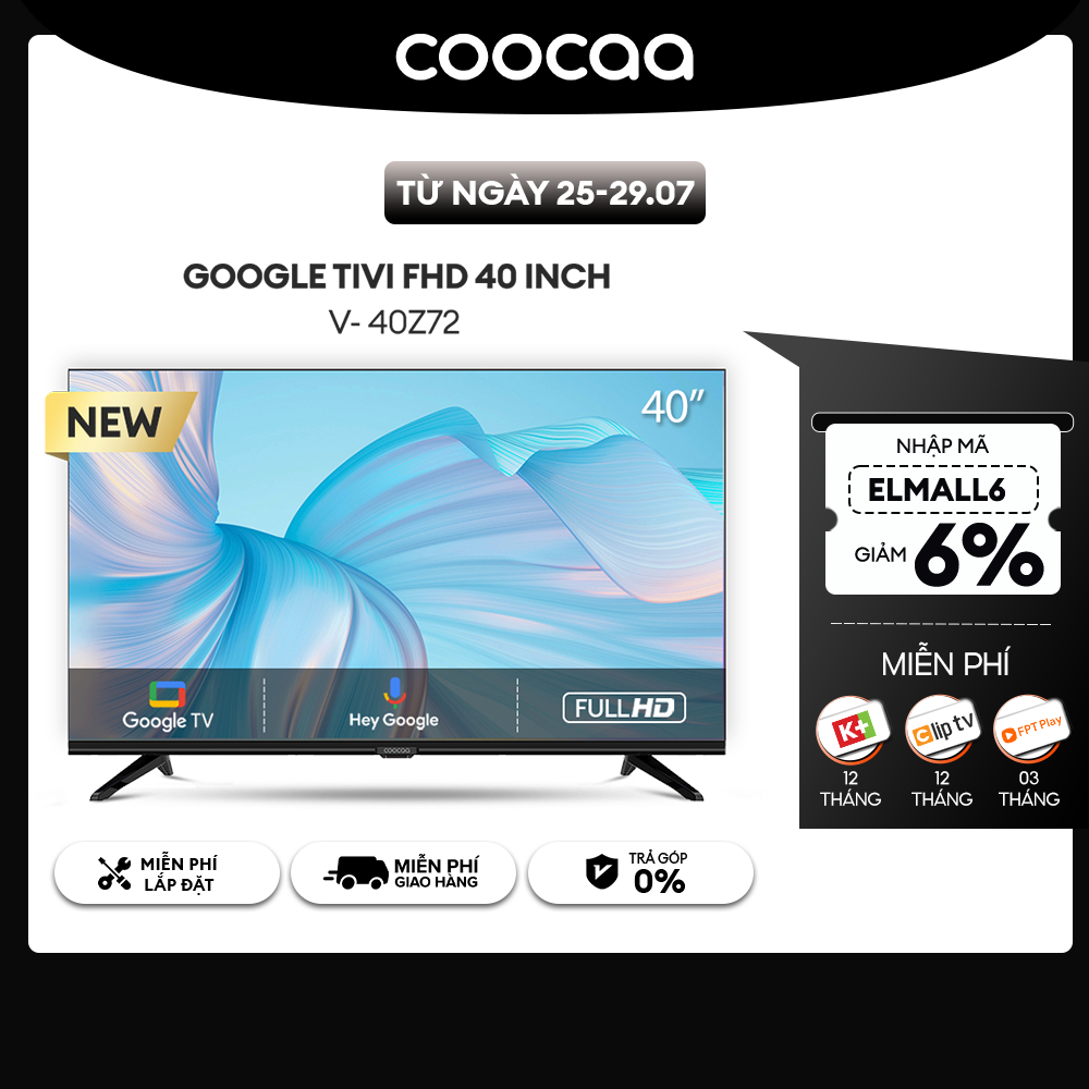 [Nhập ELCC40Z6 giảm 1TR] Smart Google Tivi Full HD Coocaa 40 Inch Tivi - Model 40Z72 - Miễn phí lắp đặt