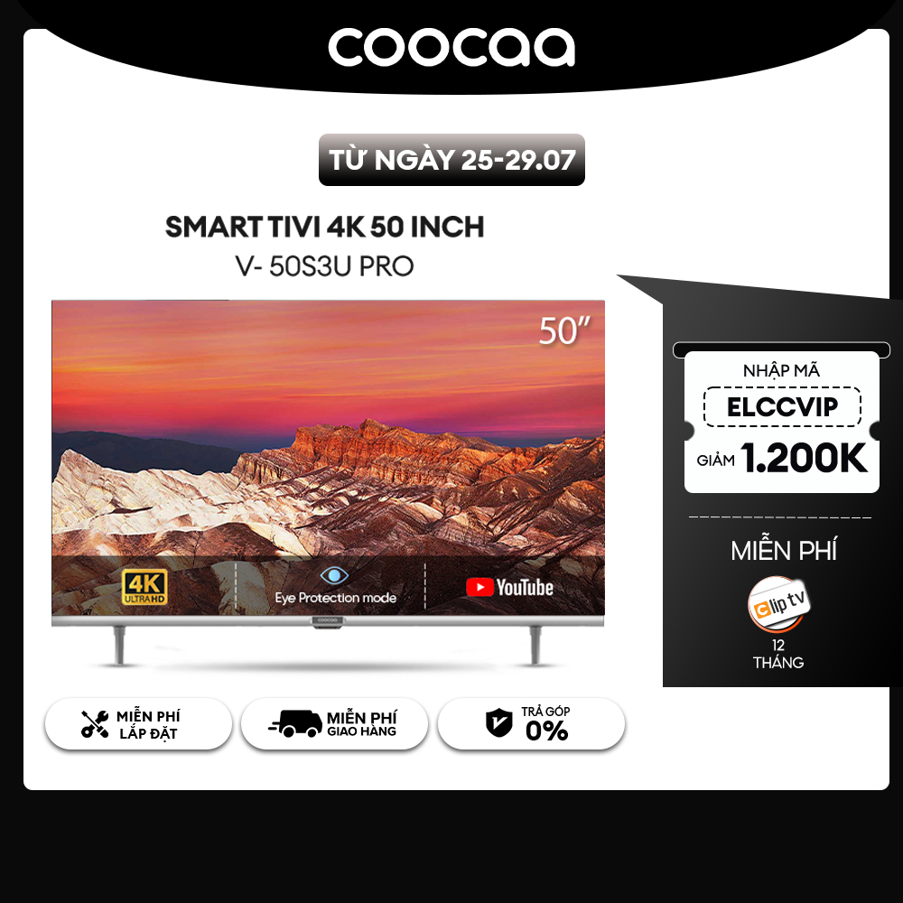 [Nhập ELCCVIP giảm 1Tr2] SMART TV 4K COOCAA 50 inch viền mỏng- Youtube - Model 50S3U Pro - Lắp Đặt Miễn Phí