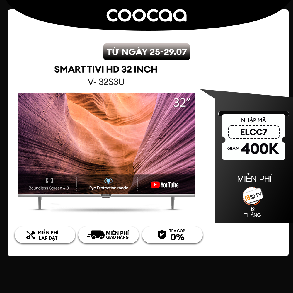[Nhập ELCC7 giảm 400K] Smart TV HD Coocaa 32 Inch Wifi - Model 32S3U - Miễn phí lắp đặt