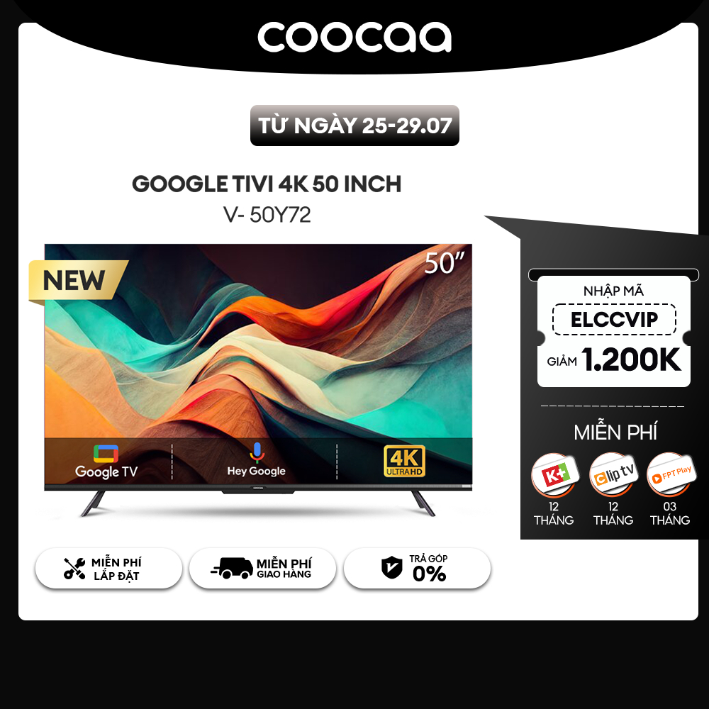 [Nhập ELCCVIP giảm 1Tr2] Google Tivi Coocaa 4K 50 Inch - Model 50Y72 - Miễn Phí Lắp Đặt