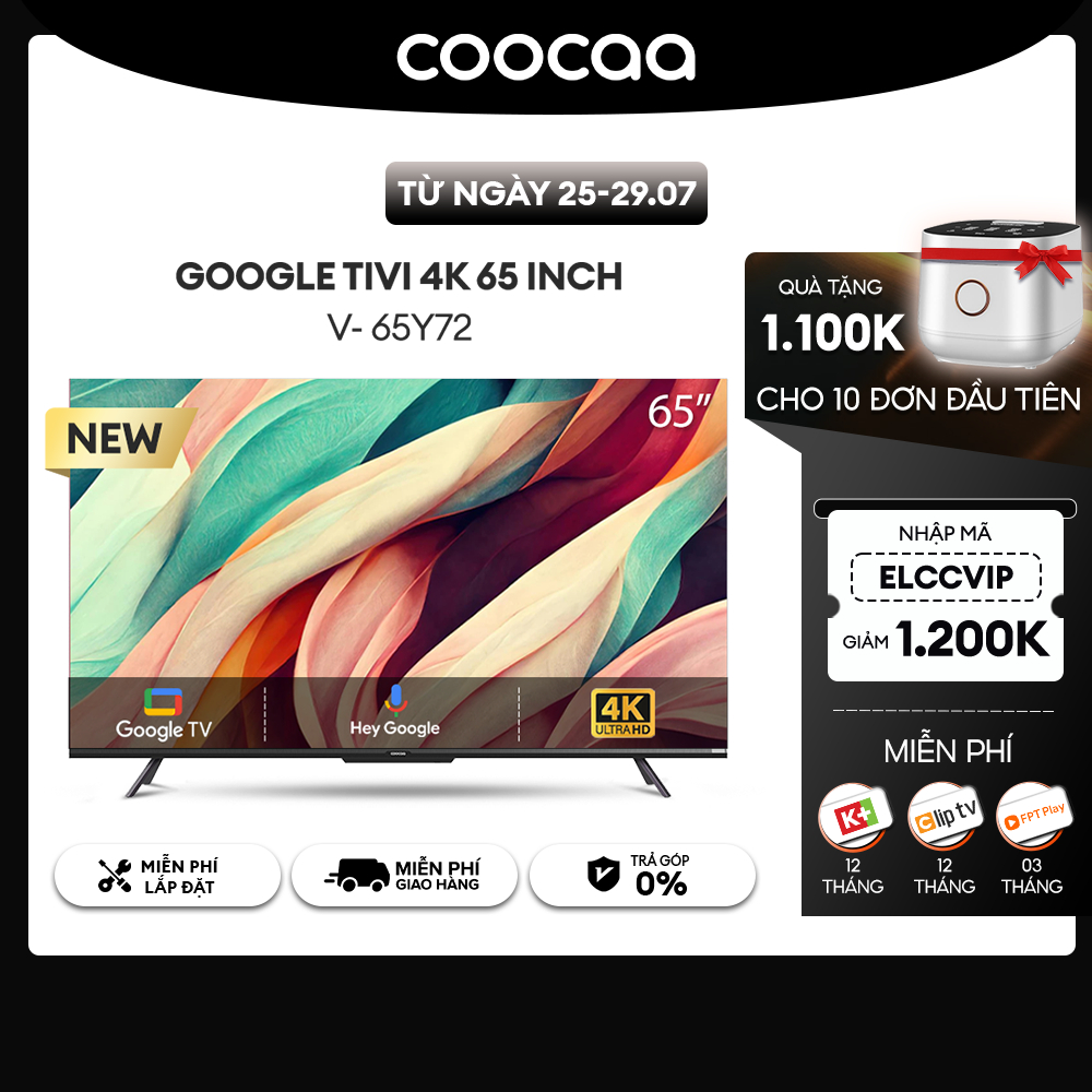 [Nhập ELCCVIP giảm 1Tr2] Google Tivi Coocaa 4K 65 Inch - Model 65Y72 - Miễn phí lắp đặt