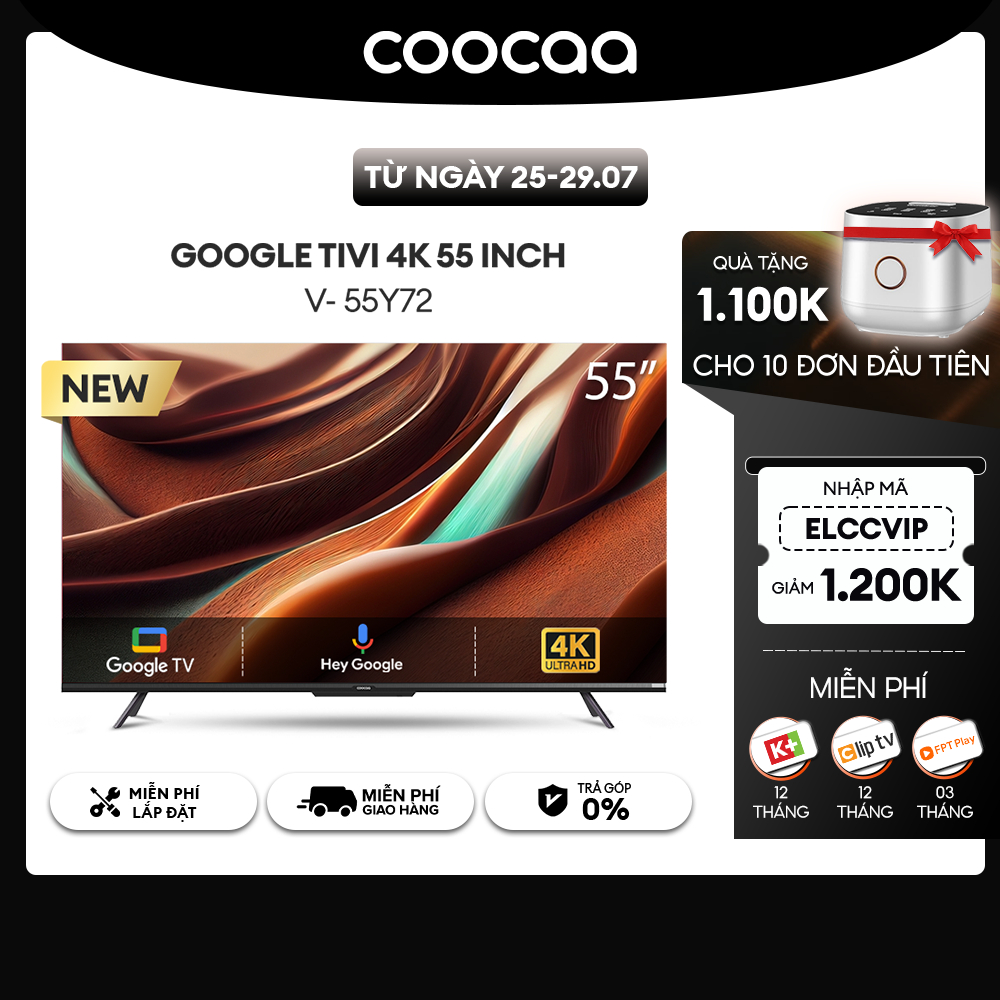 [Nhập ELCCVIP giảm 1Tr2] Google Tivi Coocaa 4K 55 Inch - Model 55Y72 - Miễn phí lắp đặt