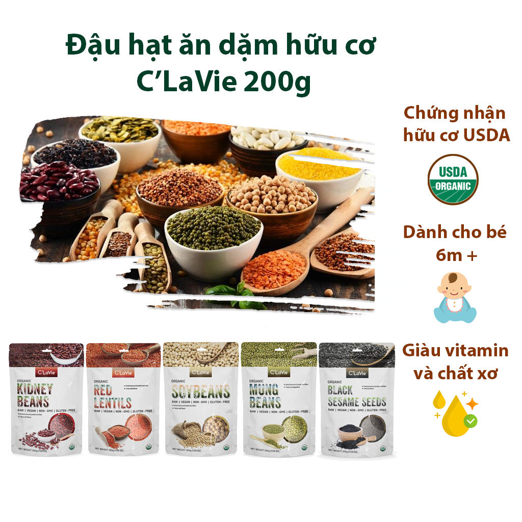 Đậu hạt hữu cơ cho bé ăn dặm CLaVie 200g: Đậu đỏ, Đậu xanh, Đậu nành, Đậu lăng đỏ, Hạt lanh, Hạt mè, Hạt bí, Hạt kê