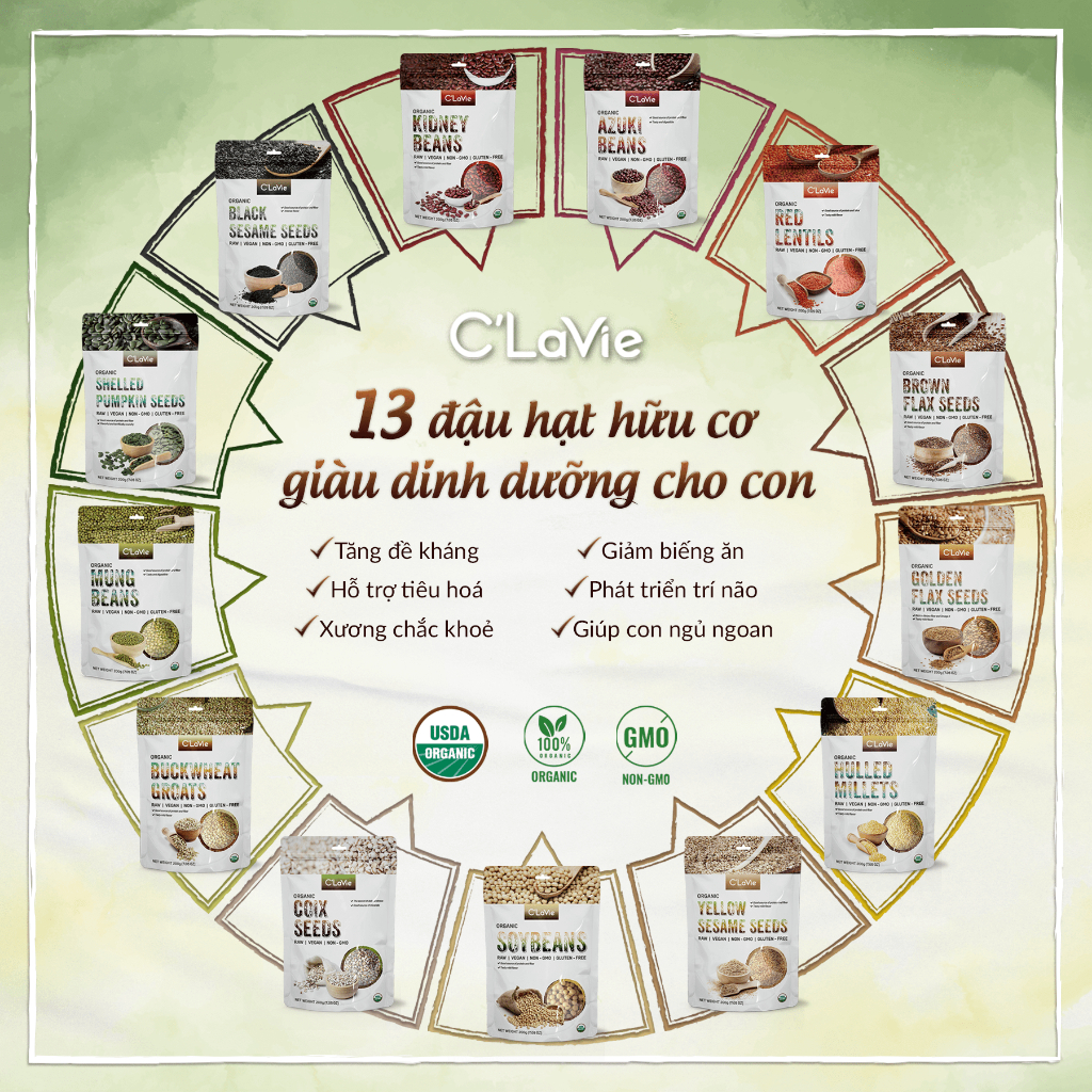 Ảnh Đậu hạt hữu cơ cho bé ăn dặm C'LaVie 200g: Đậu đỏ, Đậu xanh, Đậu nành, Đậu lăng đỏ, Hạt lanh, Hạt mè, Hạt bí, Hạt kê 1