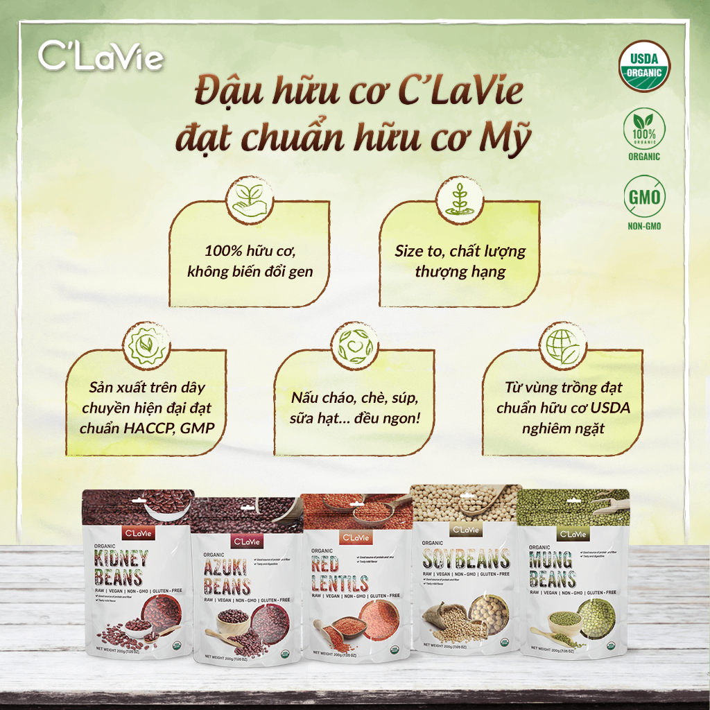 Ảnh Đậu hạt hữu cơ cho bé ăn dặm C'LaVie 200g: Đậu đỏ, Đậu xanh, Đậu nành, Đậu lăng đỏ, Hạt lanh, Hạt mè, Hạt bí, Hạt kê 2