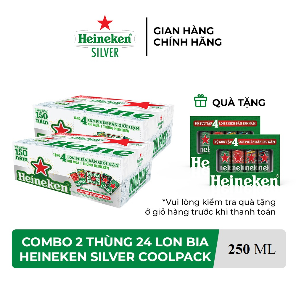 HỎA TỐC HCM - Combo 2 Thùng 24 lon bia Heineken Silver Coolpack 250ml/lon - Tặng lốc 4 lon phiên bản đặc biệt