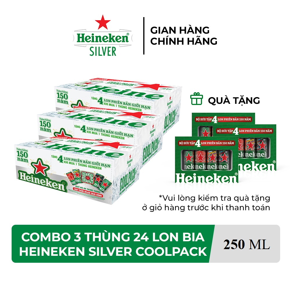 HỎA TỐC HCM - Combo 3 Thùng 24 lon bia Heineken Silver Coolpack 250ml/lon - Tặng lốc 4 lon phiên bản đặc biệt