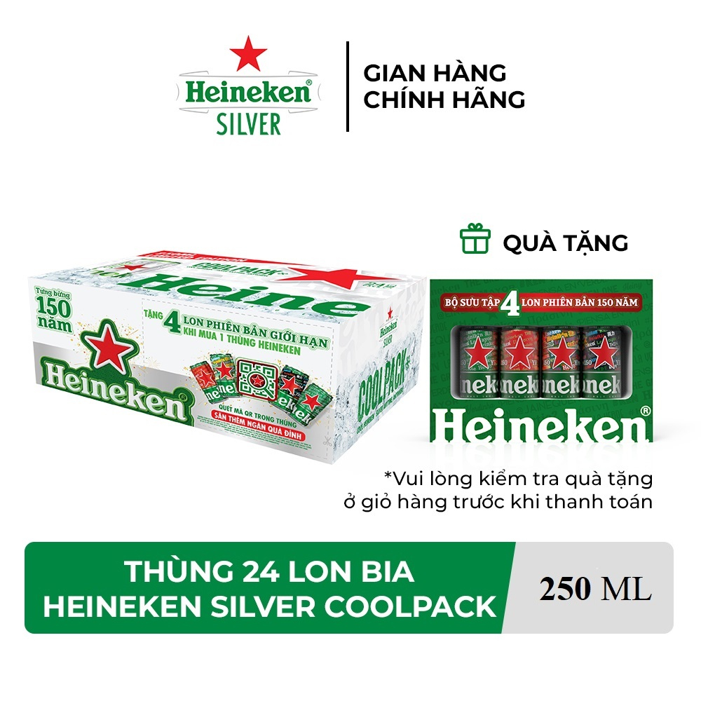 HỎA TỐC HCM - Thùng 24 lon bia Heineken Silver Coolpack 250ml/lon - Tặng lốc 4 lon phiên bản đặc biệt