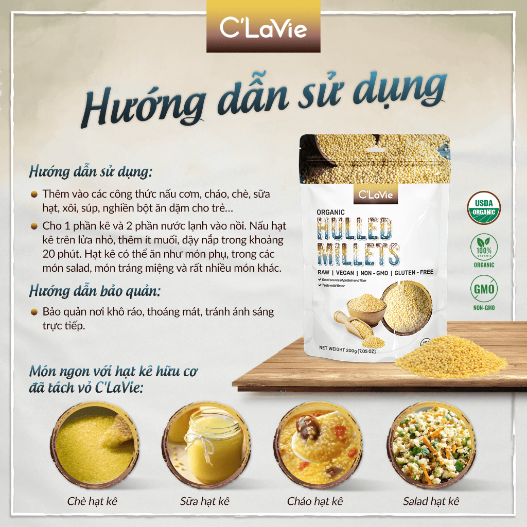 Ảnh Hạt kê nếp vàng đã tách vỏ hữu cơ C'LaVie 200g 2