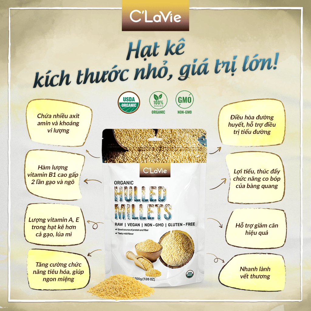 Ảnh Hạt kê nếp vàng đã tách vỏ hữu cơ C'LaVie 200g 1