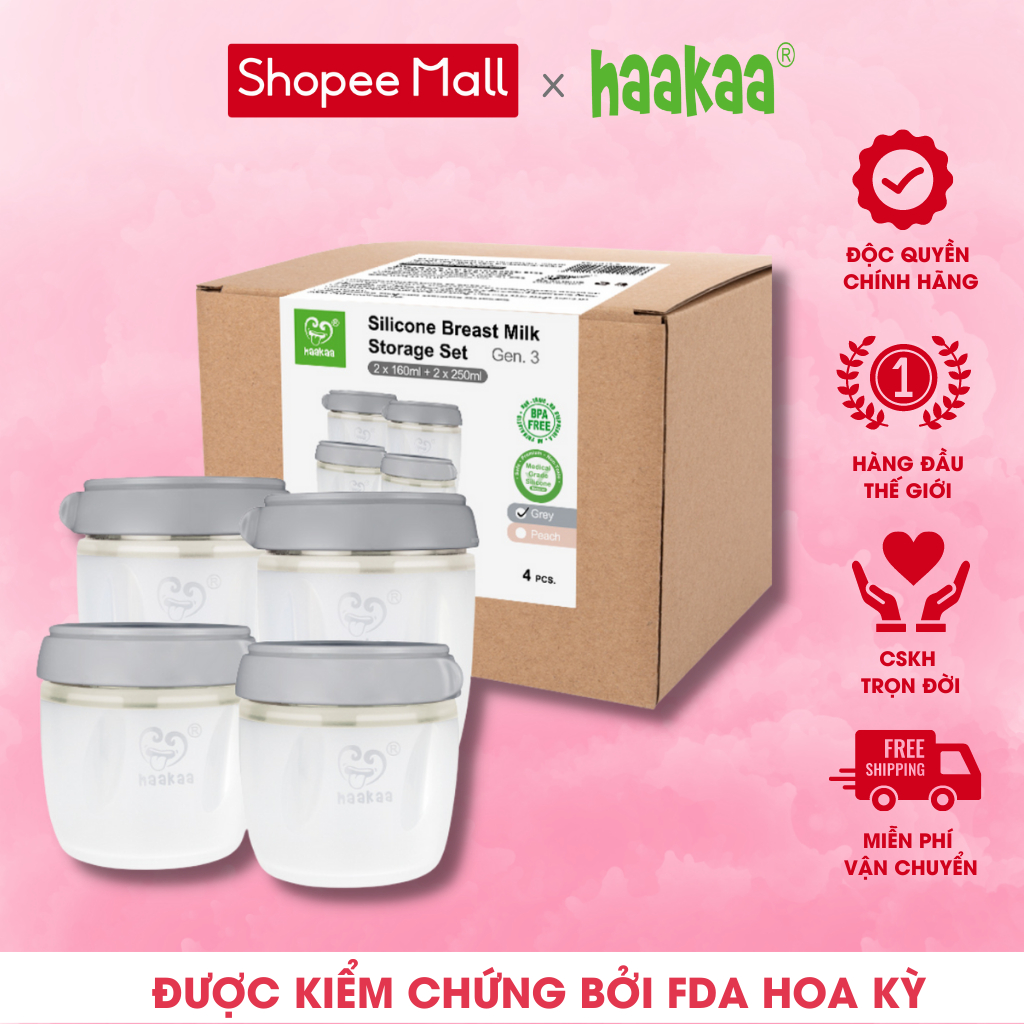 Combo 4 bình trữ sữa, thức ăn silicone Haakaa | Dung tích 160ml và 250ml