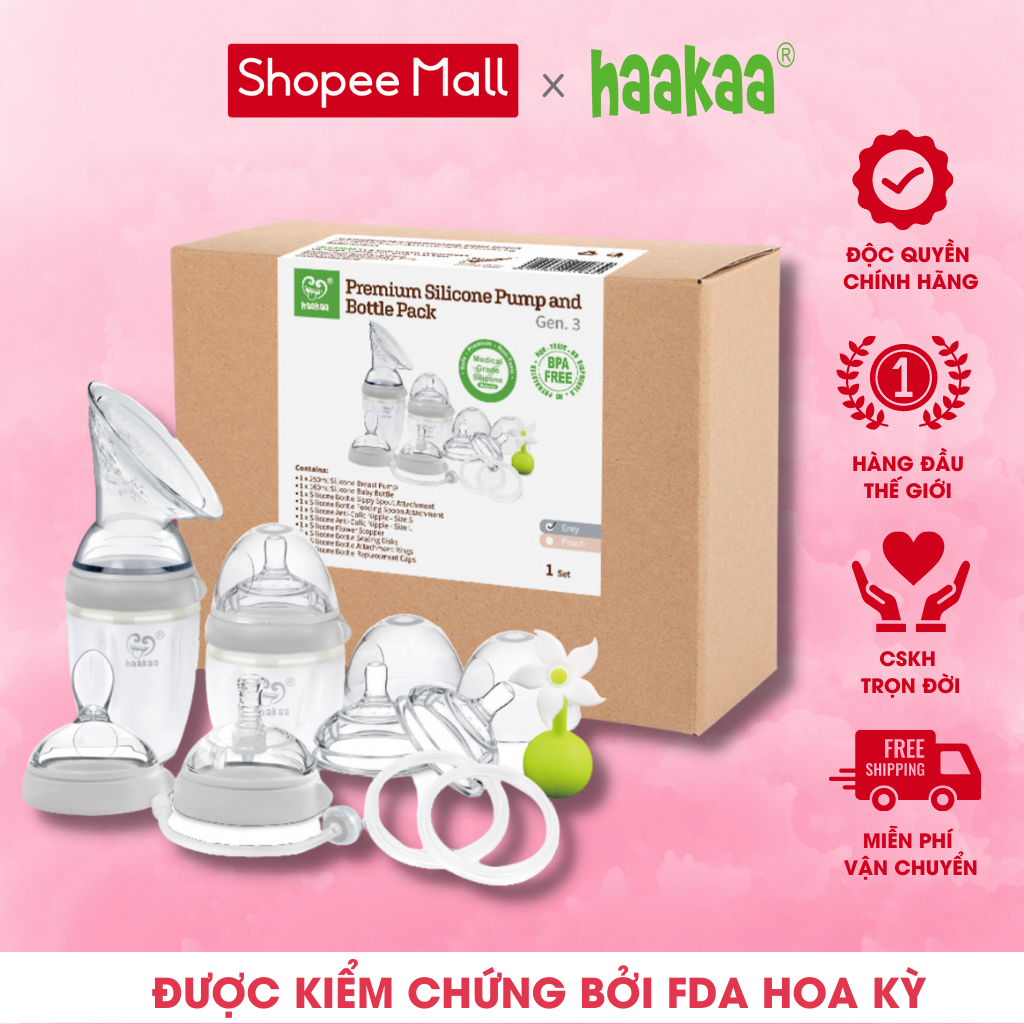 Bộ sản phẩm bình sữa, cốc hứng sữa và phụ kiện cao cấp silicone Gen 3, Haakaa