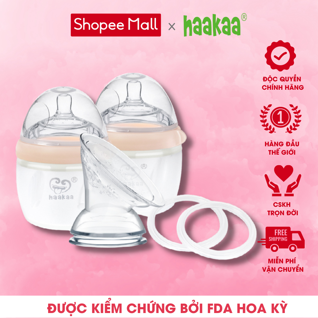Bộ 2 Bình sữa silicone Gen.3 160ml Haakaa | Kèm Phễu sữa và nắp đậy bình sữa