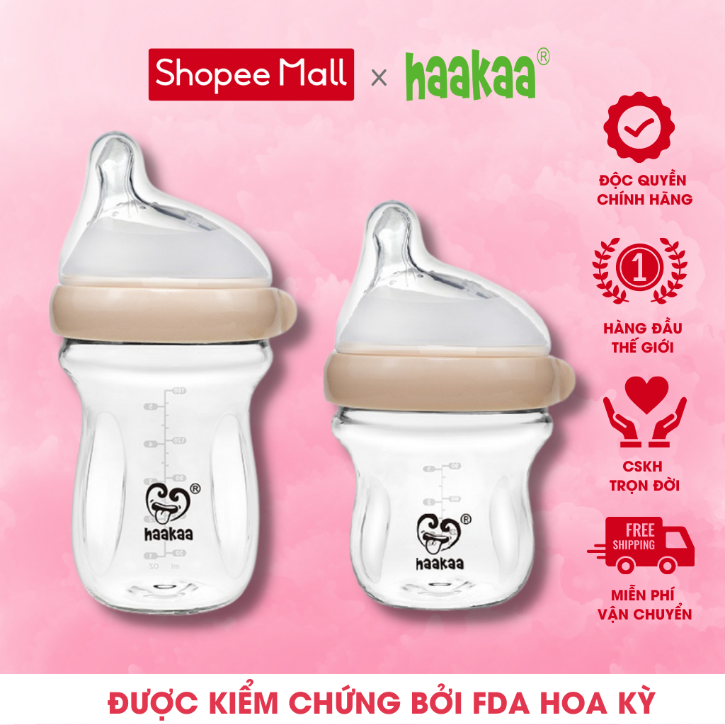 [Mã BMLT35] Bình sữa thủy tinh Gen.3 Haakaa. Chất liệu cao cấp, an toàn. Không chứa BPA, PVC và phthalate