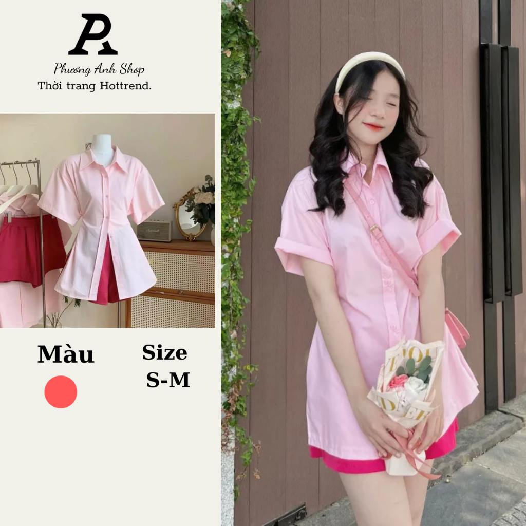 Set Sơ Mi Tay Ngắn Xẻ Tà Có Nút Cài Eo Kèm Quần Đùi Siêu Hot,Set áo sơ mi tay ngắn kèm quần đùi