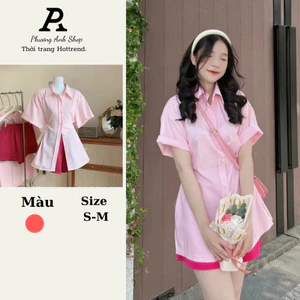 Set Sơ Mi Tay Ngắn Xẻ Tà Có Nút Cài Eo Kèm Quần Đùi Siêu Hot,Set áo sơ mi tay ngắn kèm quần đùi
