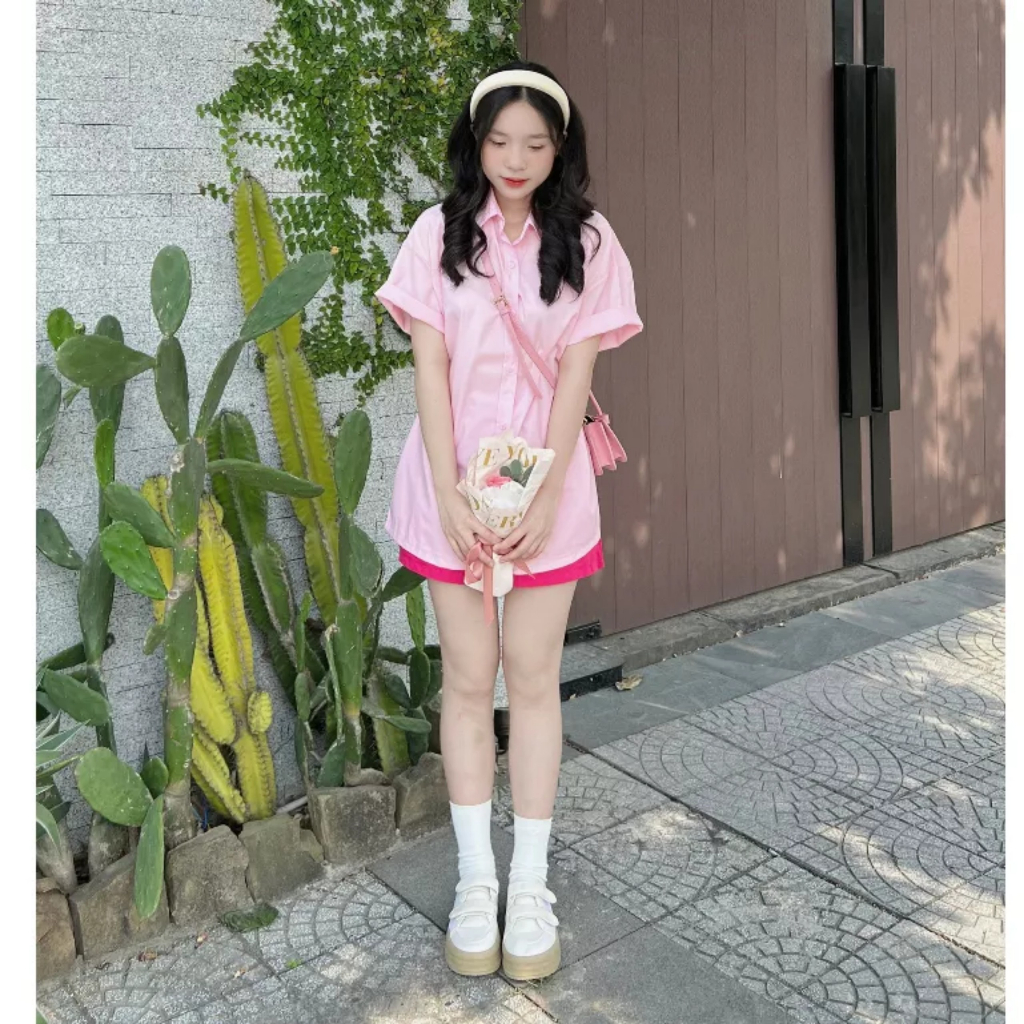 Set Sơ Mi Tay Ngắn Xẻ Tà Có Nút Cài Eo Kèm Quần Đùi Siêu Hot,Set áo sơ mi tay ngắn kèm quần đùi