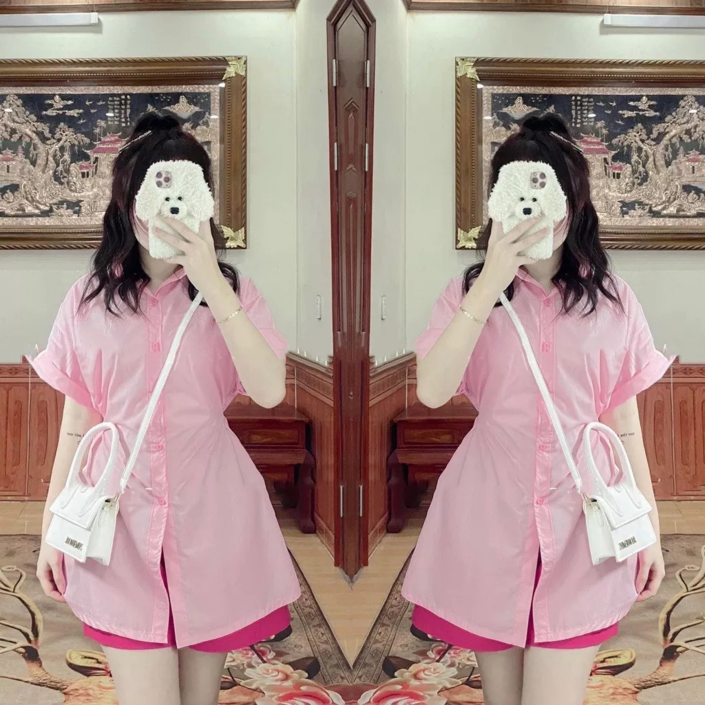Set Sơ Mi Tay Ngắn Xẻ Tà Có Nút Cài Eo Kèm Quần Đùi Siêu Hot,Set áo sơ mi tay ngắn kèm quần đùi