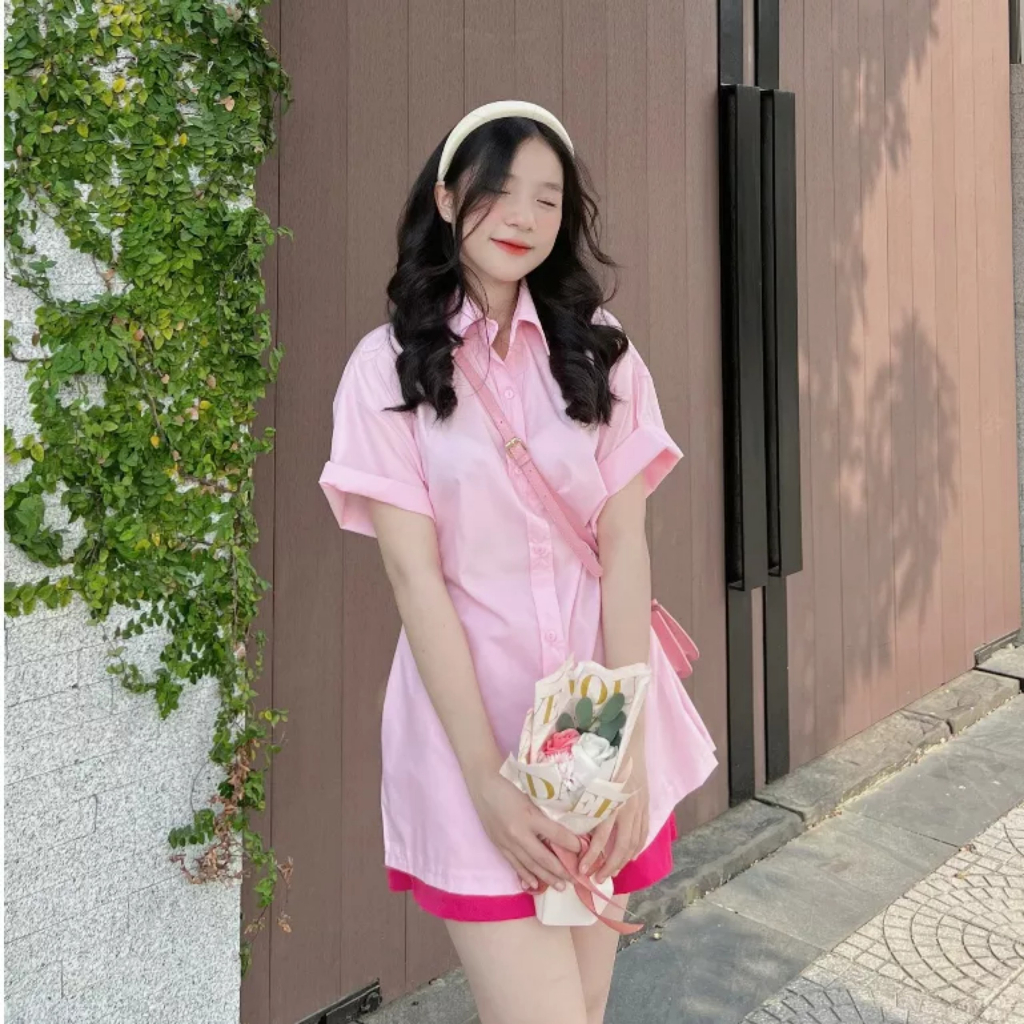 Set Sơ Mi Tay Ngắn Xẻ Tà Có Nút Cài Eo Kèm Quần Đùi Siêu Hot,Set áo sơ mi tay ngắn kèm quần đùi