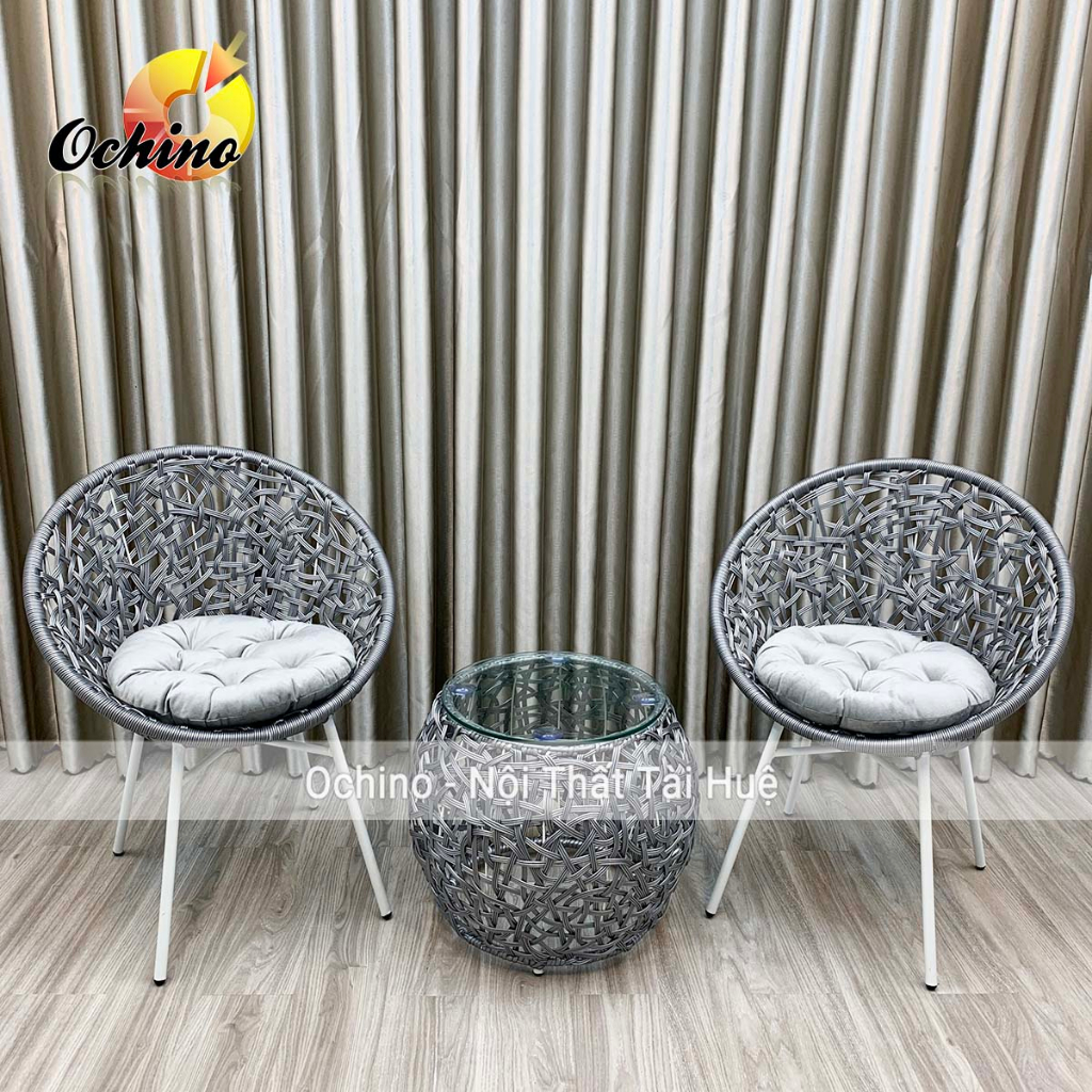 Bộ Bàn Ghế Khung Nhựa Giả Mây Màu Xám Mẫu Tay C Để Ban Công Cao Cấp (Có Sẵn)  | Shopee Việt Nam