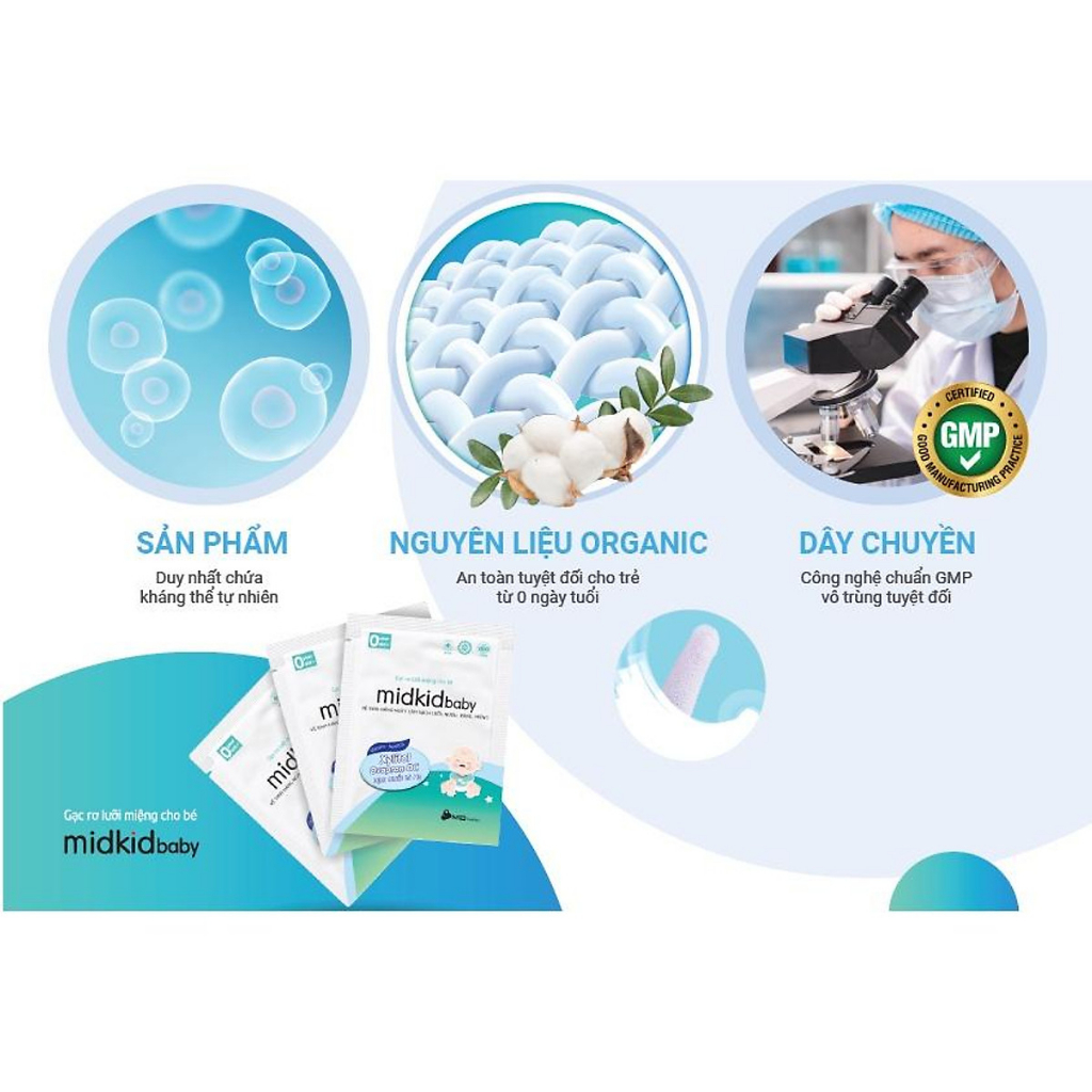 Gạc rơ lưỡi Midkid Baby cao cấp cho trẻ sơ sinh, giúp làm sạch ngăn ngừa tưa nấm lưỡi, tiêu chuẩn ISO 5 sao - Hộp 50 gói