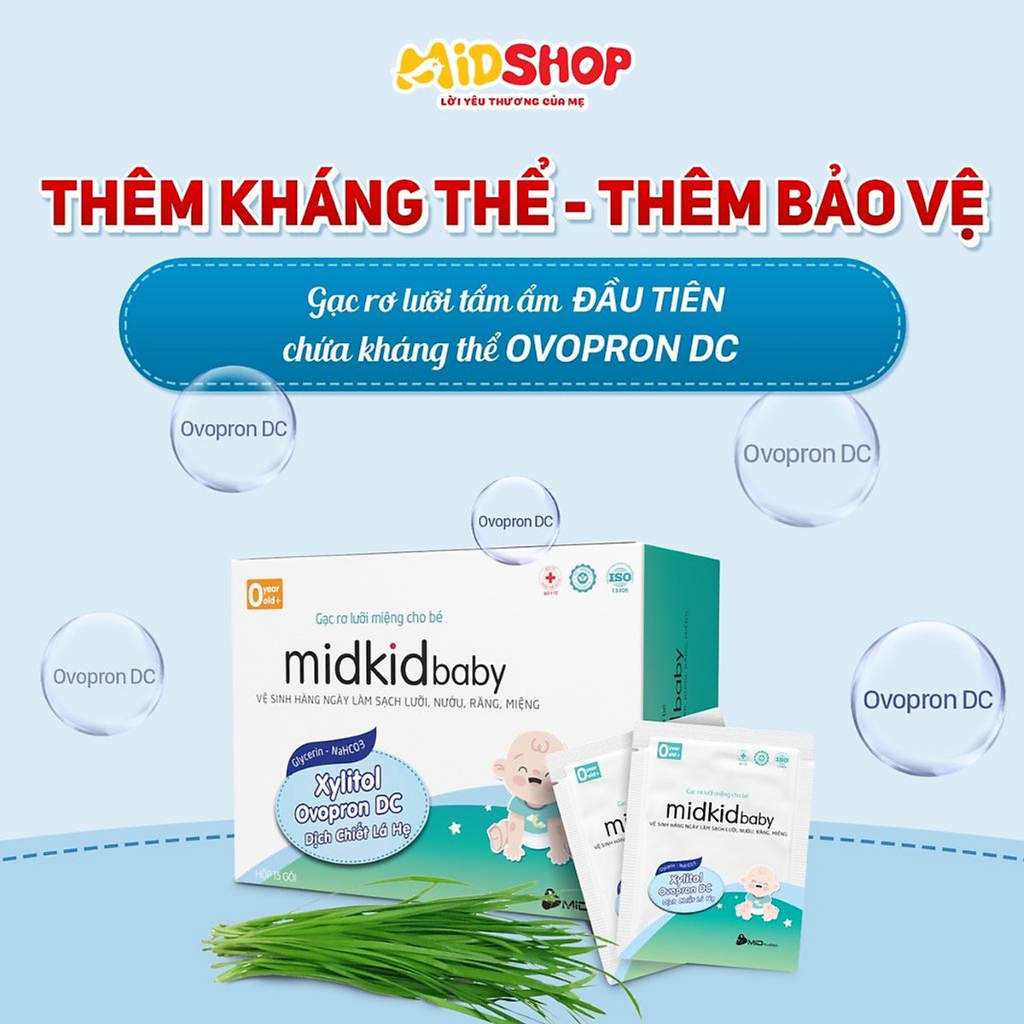 Gạc rơ lưỡi Midkid Baby cao cấp cho trẻ sơ sinh, giúp làm sạch ngăn ngừa tưa nấm lưỡi, tiêu chuẩn ISO 5 sao - Hộp 50 gói