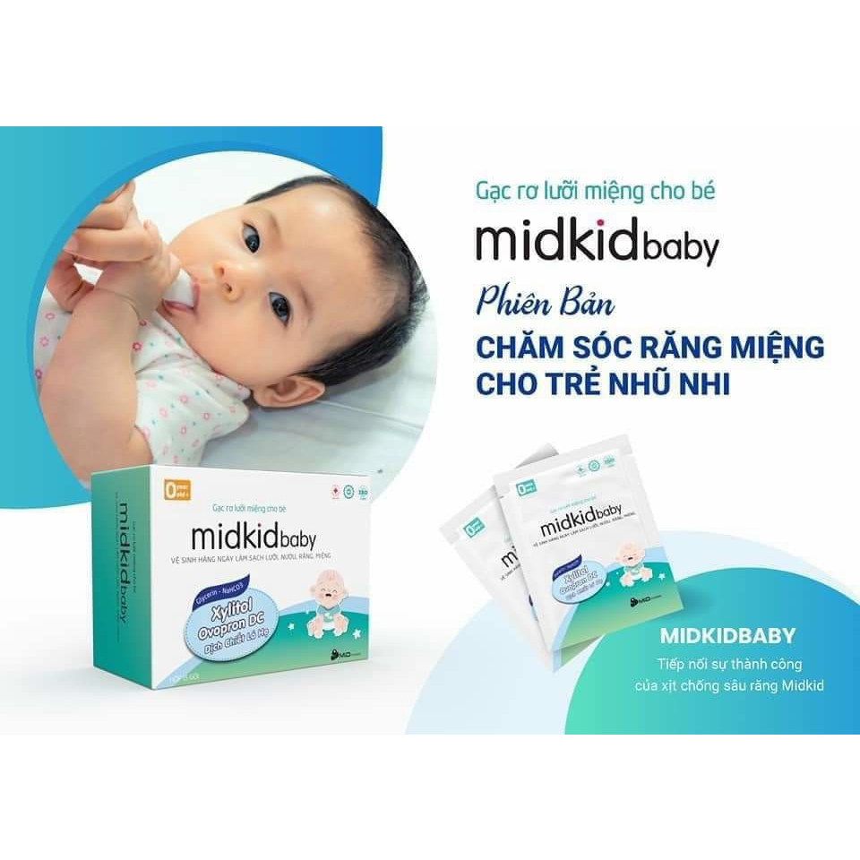 Gạc rơ lưỡi Midkid Baby cao cấp cho trẻ sơ sinh, giúp làm sạch ngăn ngừa tưa nấm lưỡi, tiêu chuẩn ISO 5 sao - Hộp 50 gói