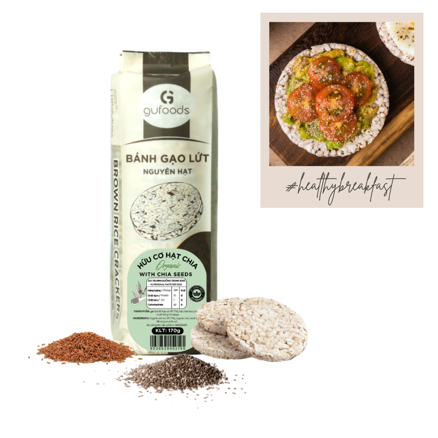 Bánh gạo lứt ăn kiêng hữu cơ hạt chia GUfoods (170g/300g/510g)  - Hạt chia organic, Không đường, Thuần chay