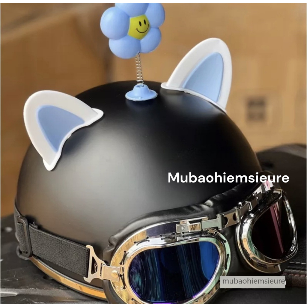 Nón bảo hiểm nửa đầu kính phi công kèm phụ kiện tai gấu bông hoa