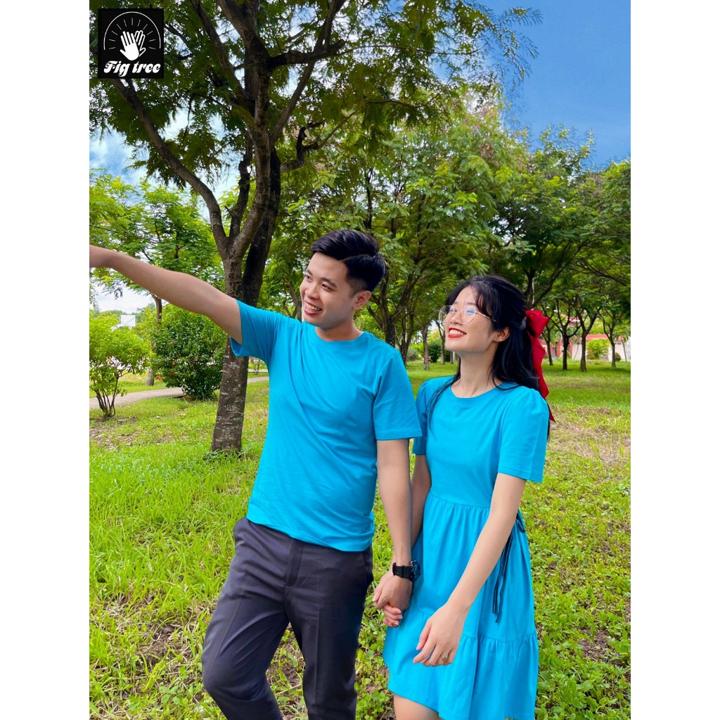 Áo Váy Thun Đôi Cotton Fig Tree Màu Xanh Ngọc in hình Be Happy, Váy Nữ Nơ Eo Siêu Xinh