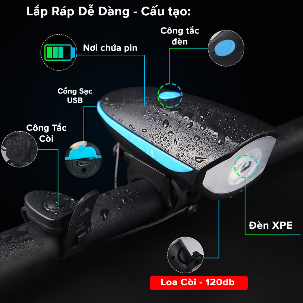 Ảnh Đèn Còi Xe Đạp Thể Thao Siêu Sáng Kèm Pin Sạc USB LED T6 Chống Nước – Đèn Còi 140db 3 Chế Độ Sáng Chính hãng Amalife 3