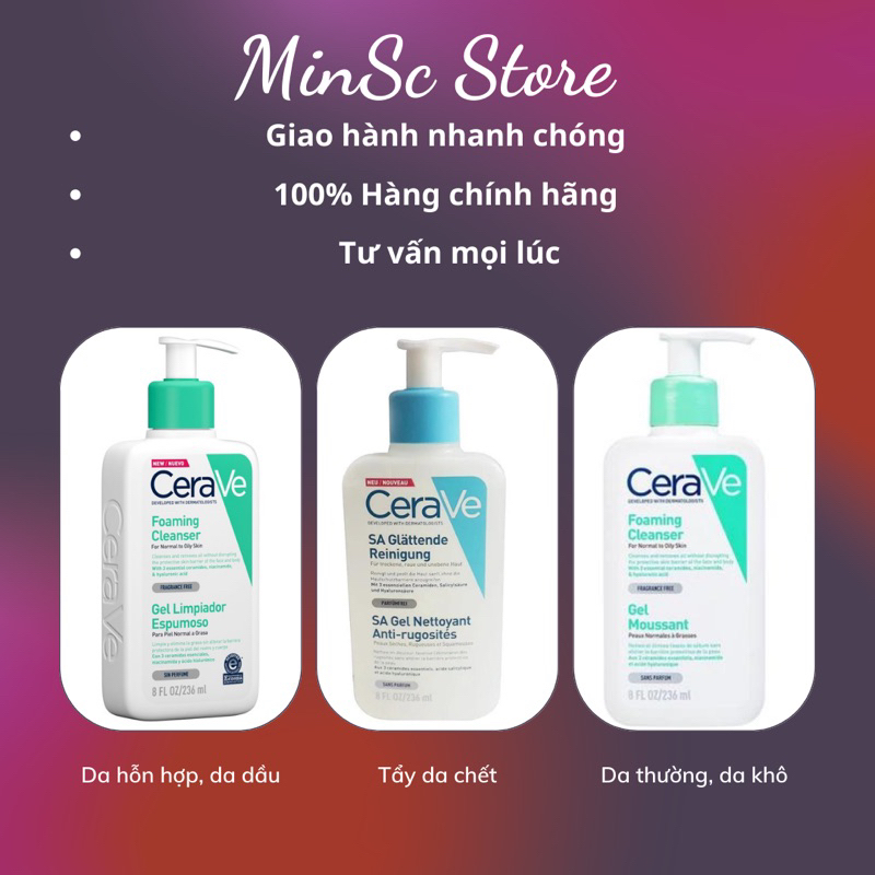 Sữa rửa mặt CERAVE Foaming Cleanser, Hydrating Cleanser, Sa Cleanser ...